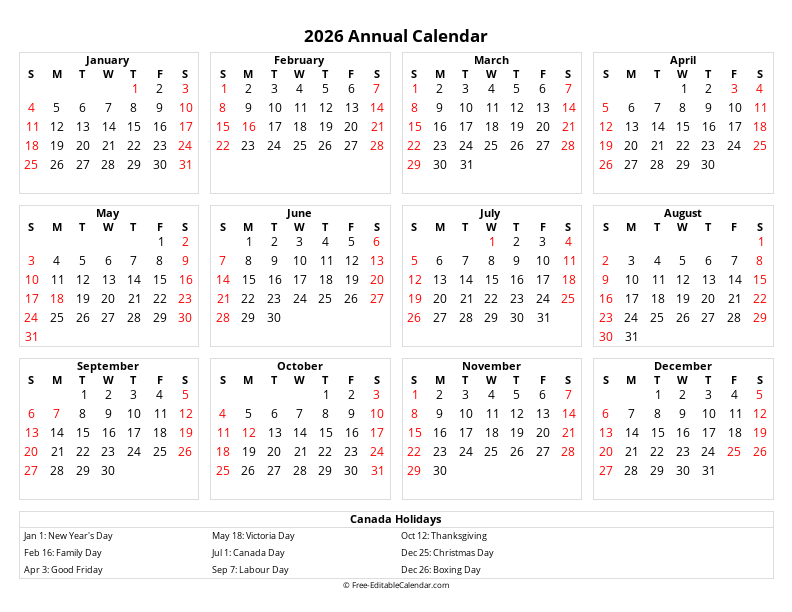 2026 Canada Holiday Calendar