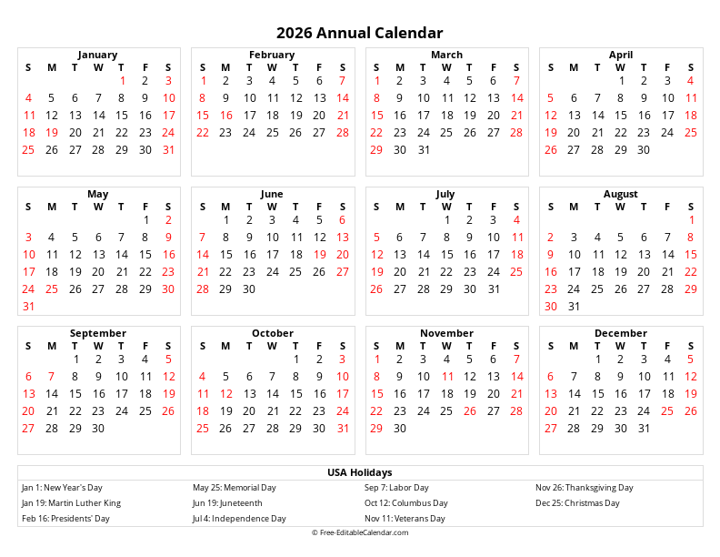 2026 Editable yearly calendar