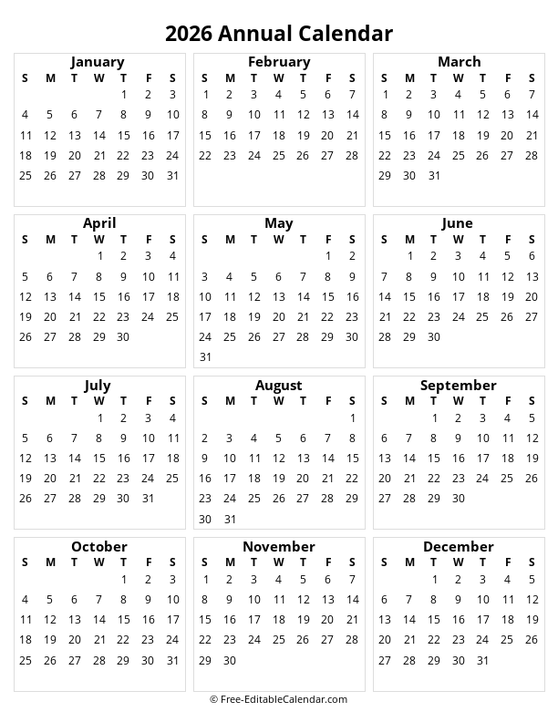 2026 printable yearly calendar