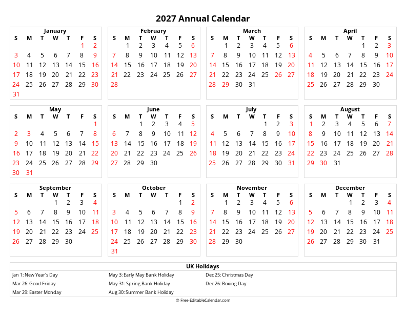 2027 UK Calendar | Bank Holidays
