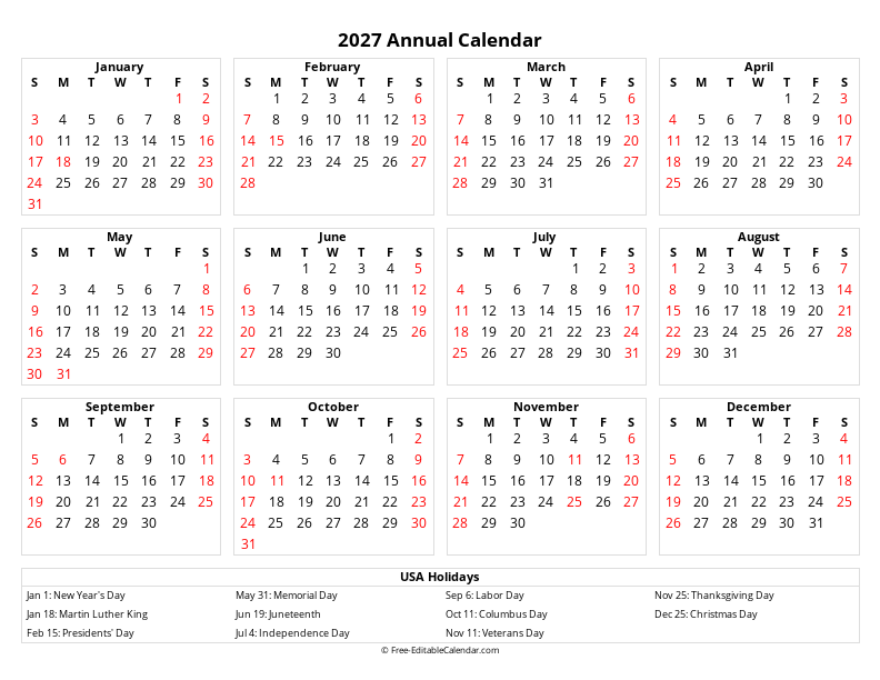 2027 United States Holiday Calendar