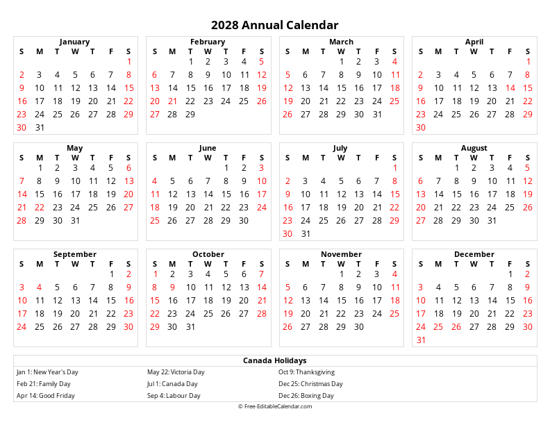 2028 Calendar with Canadian Holidays