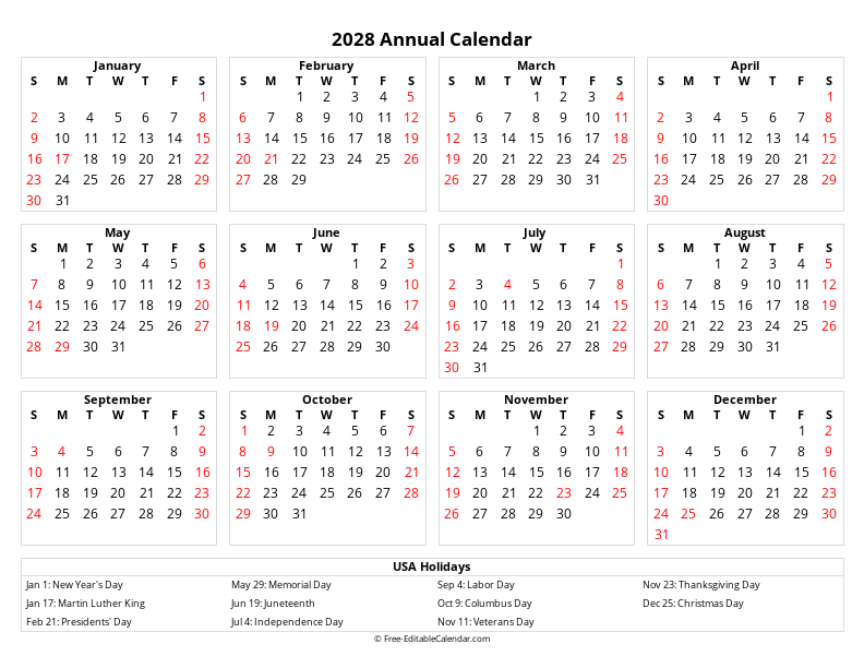 2028 Editable yearly calendar