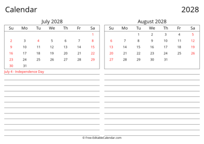 2028 July August Landscape Calendar
