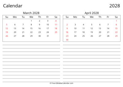 2028 March April Landscape Calendar