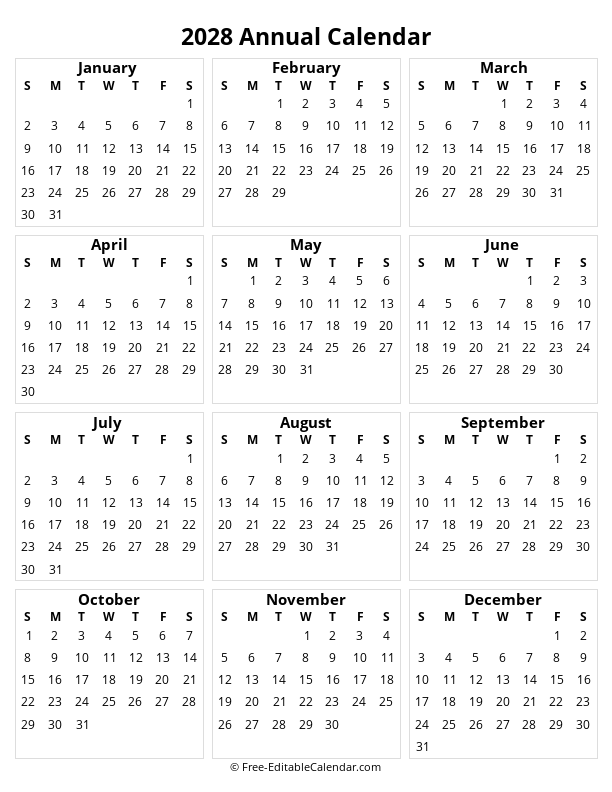 2028 printable yearly calendar