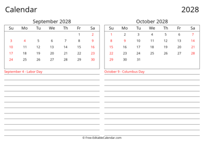 2028 September October Landscape Calendar
