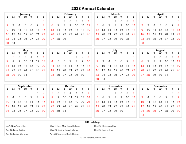 2028 UK Calendar | Bank Holidays