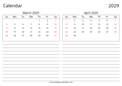 2029 March April Landscape Calendar