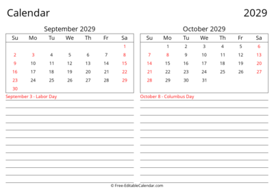 2029 September October Landscape Calendar