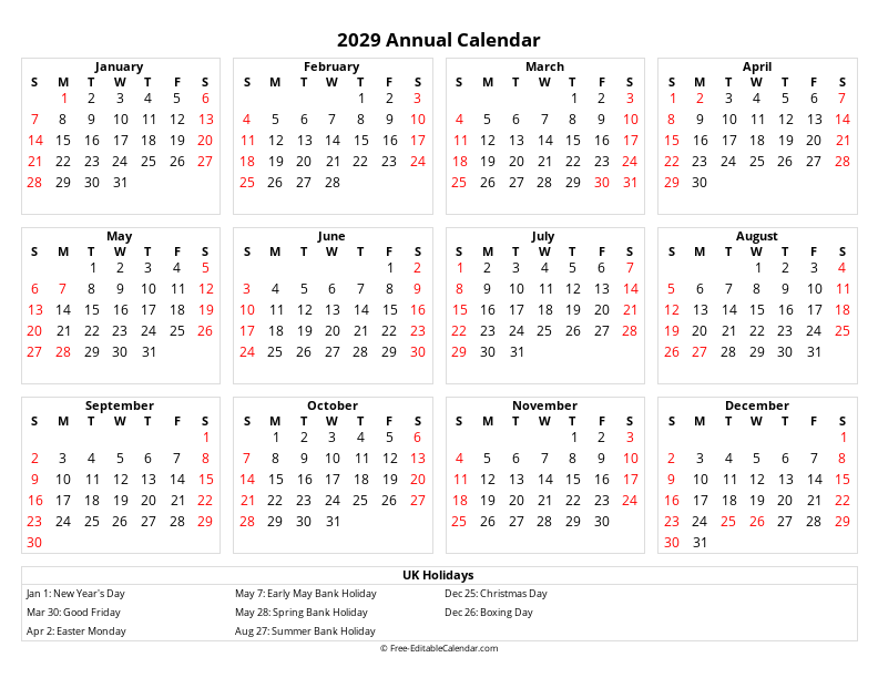 2029 UK Calendar | Bank Holidays