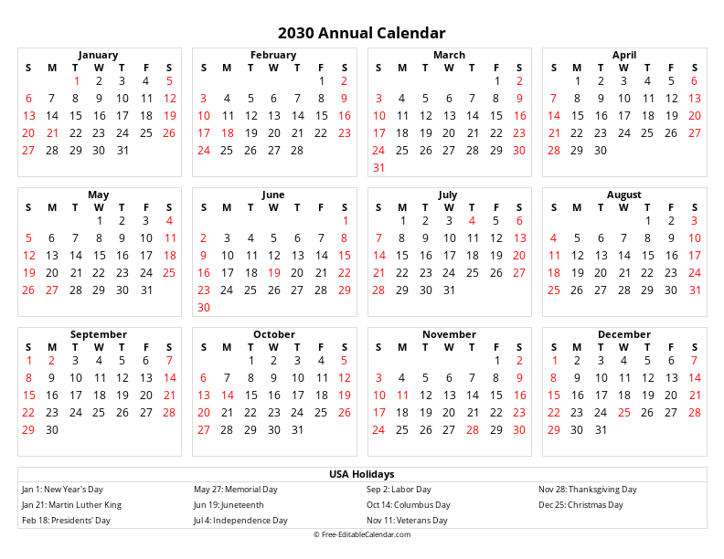 2030 Editable yearly calendar