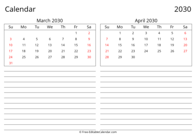 2030 March April Landscape Calendar