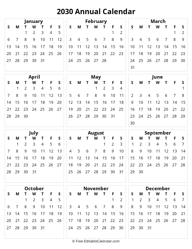 2030 printable yearly calendar