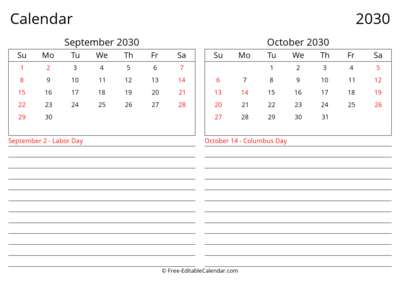 2030 September October Landscape Calendar