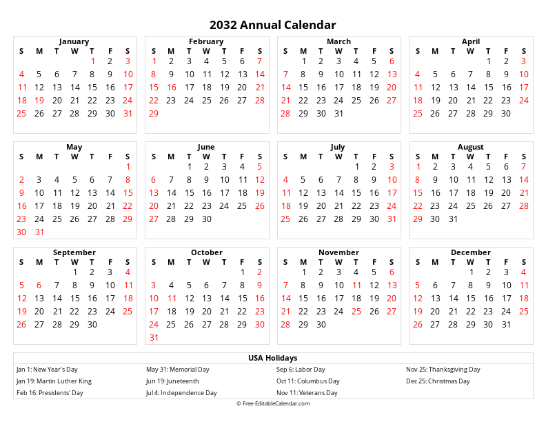 2032 Calendar with US Federal Holidays