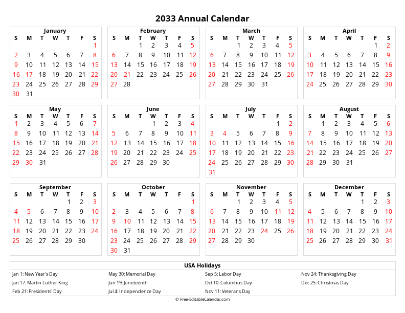 2033 Editable yearly calendar
