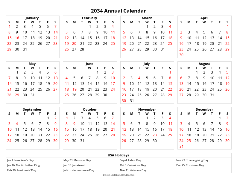 2034 Editable yearly calendar