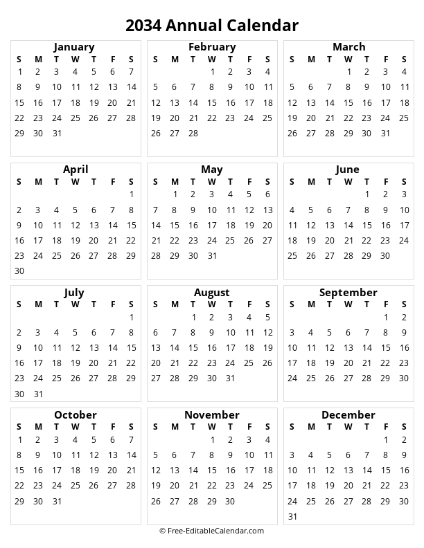 2034 printable yearly calendar