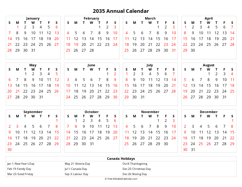 2035 Calendar with Canadian Holidays