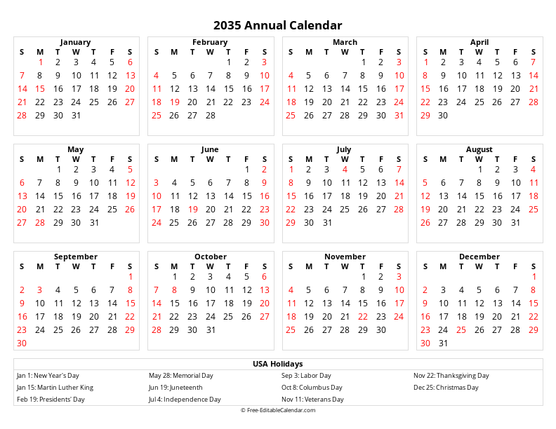 2035 Calendar with US Federal Holidays