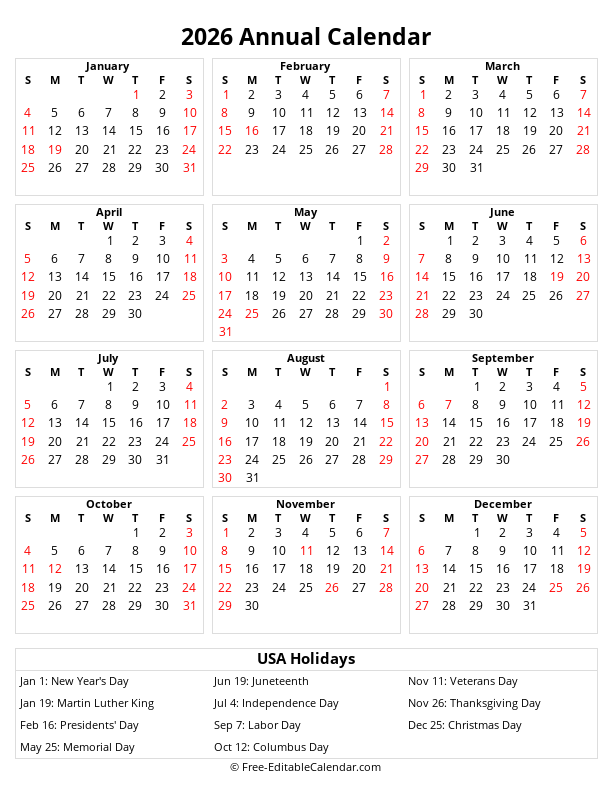 Annual calendar 2026 with holidays