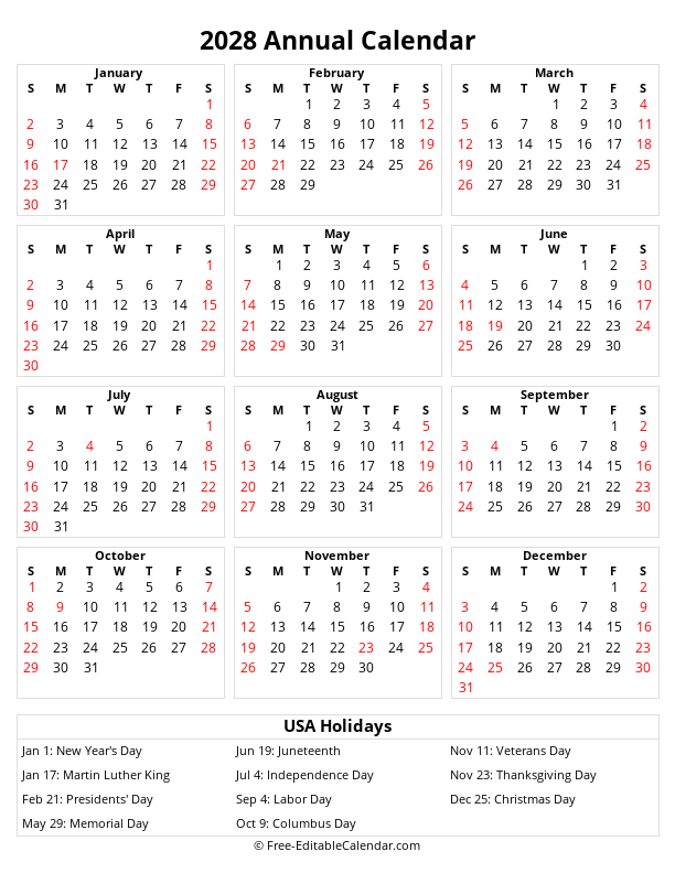Annual calendar 2028 with holidays