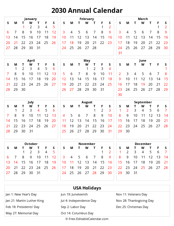 Annual calendar 2030 with holidays