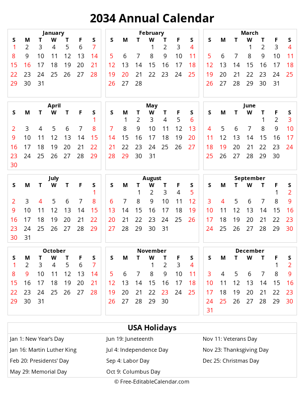 Annual calendar 2034 with holidays