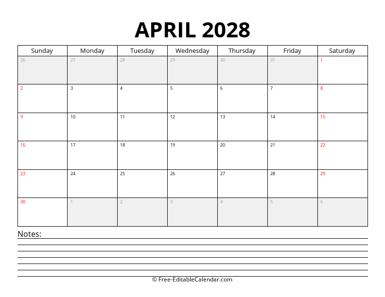 April 2028 Calendar with Notes