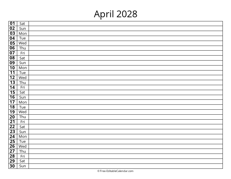 April 2028 Daily List Calendar