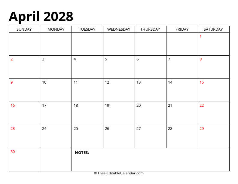 April 2028 Editable Calendar