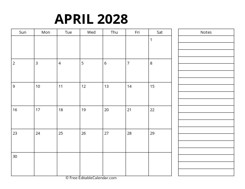 April Calendar 2028 with right notes