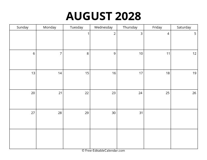 August 2028 Blank Calendar