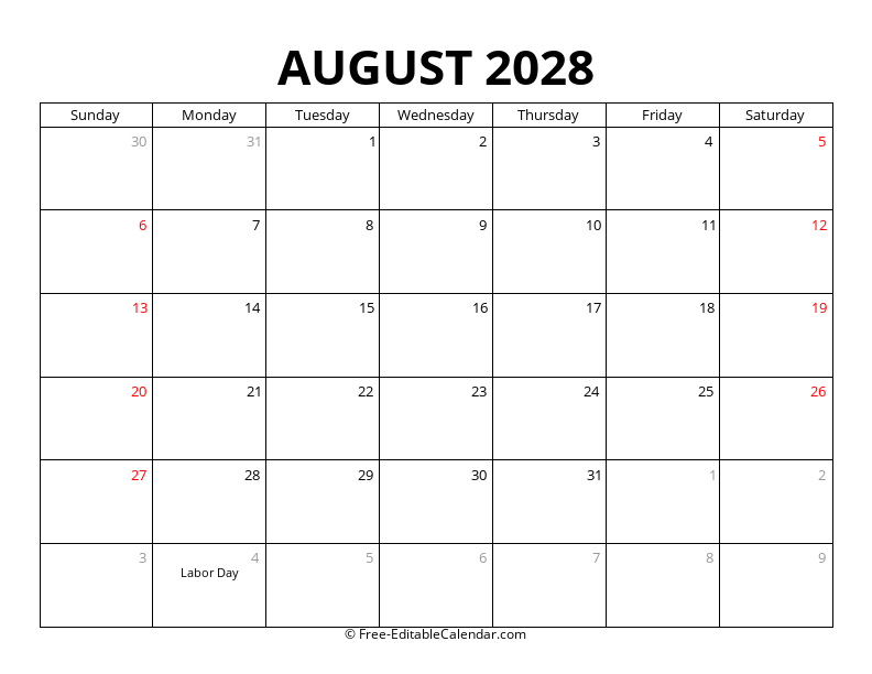 August 2028 Calendar with Holidays