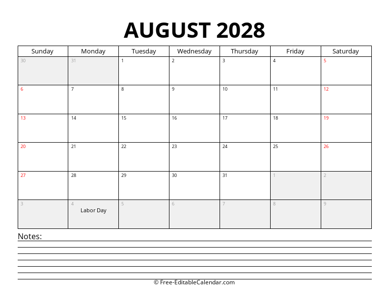 August 2028 Calendar with Notes