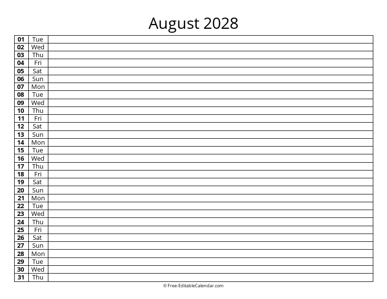 August 2028 Daily List Calendar