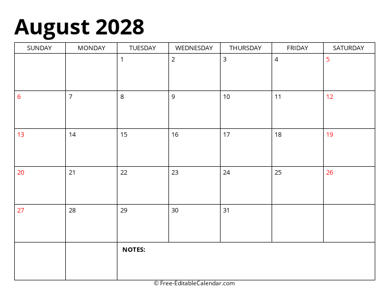 August 2028 Editable Calendar