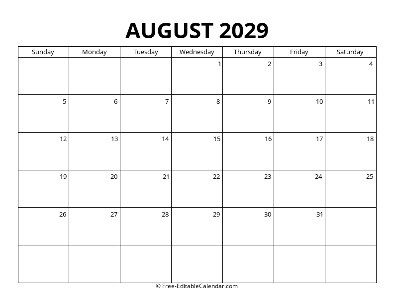 August 2029 Blank Calendar