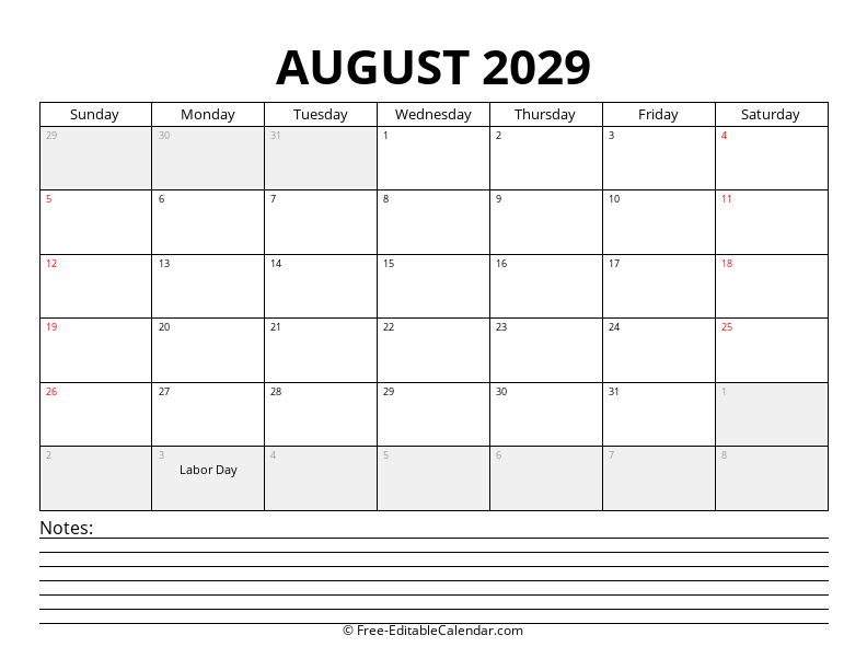 August 2029 Calendar with Notes