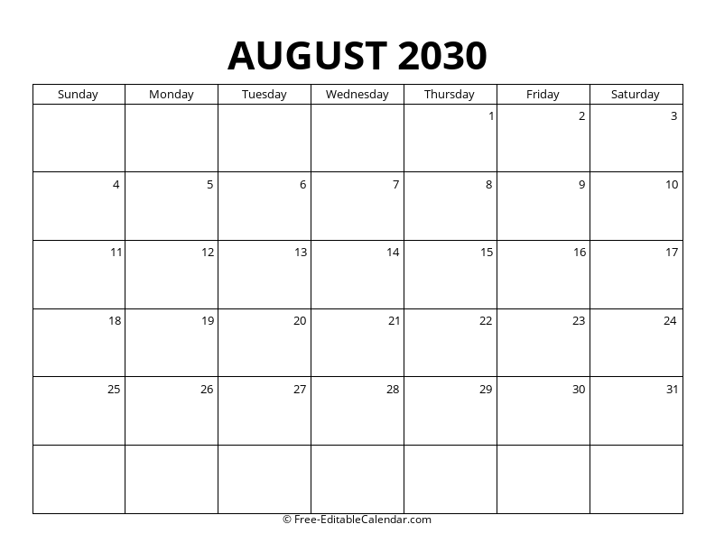 August 2030 Blank Calendar