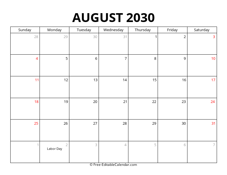 August 2030 Calendar with Holidays