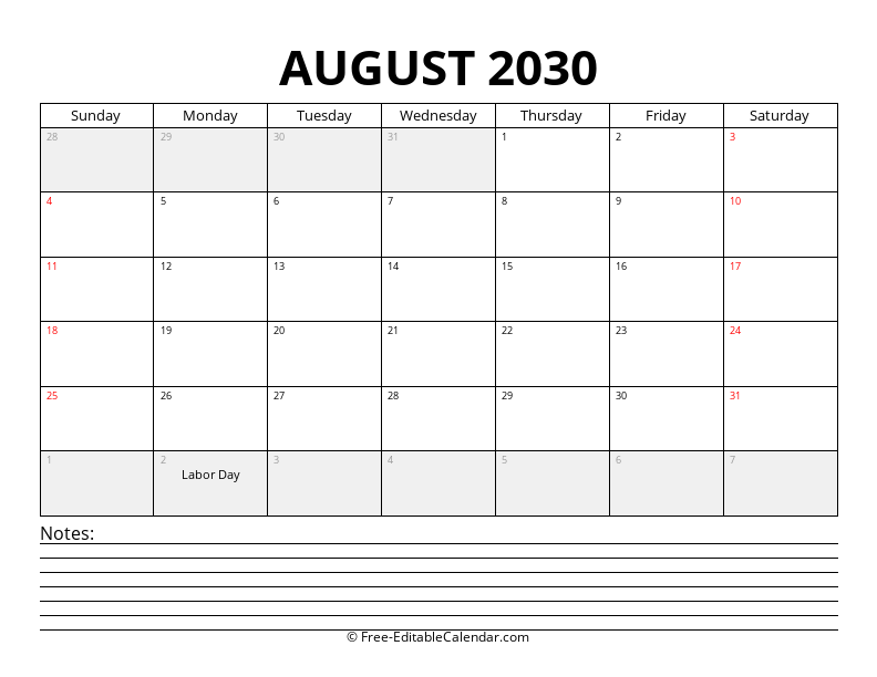 August 2030 Calendar with Notes