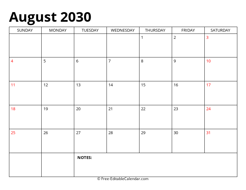 August 2030 Editable Calendar