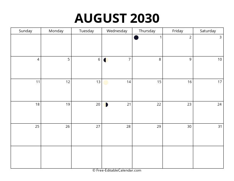 August 2030 Moon Phase Calendar