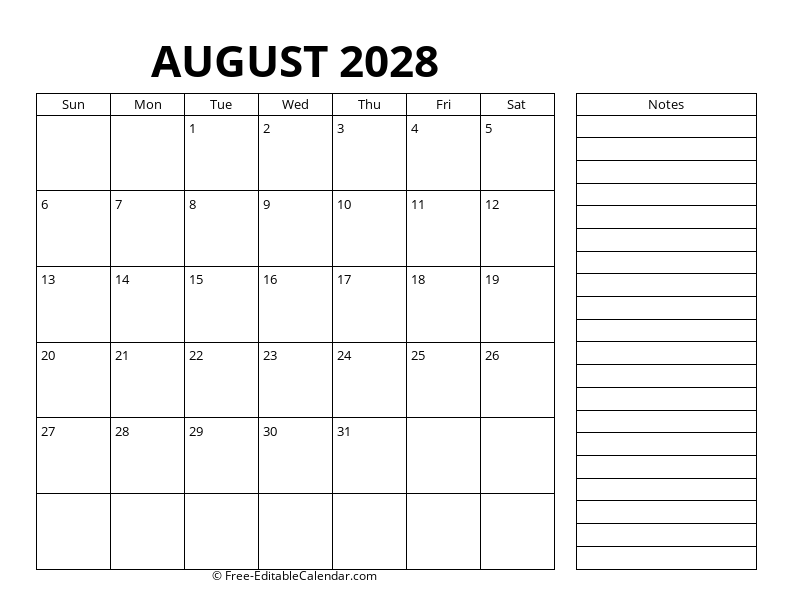 August Calendar 2028 with right notes