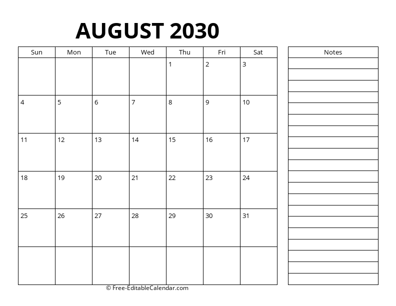 August Calendar 2030 with right notes