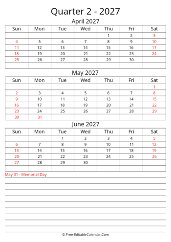 Q2 2027 calendar