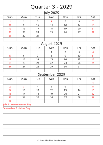 Q3 2029 calendar