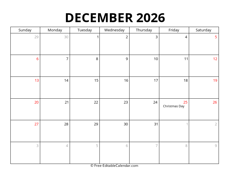 December 2026 Calendar with Holidays